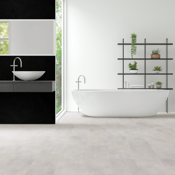 grey vinyl tile flooring in minimalist bathroom